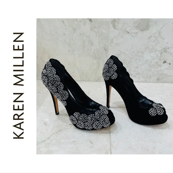 KAREN MILLEN {6} Black Silver Beaded Pumps Peep Toe Stiletto - Picture 1 of 16